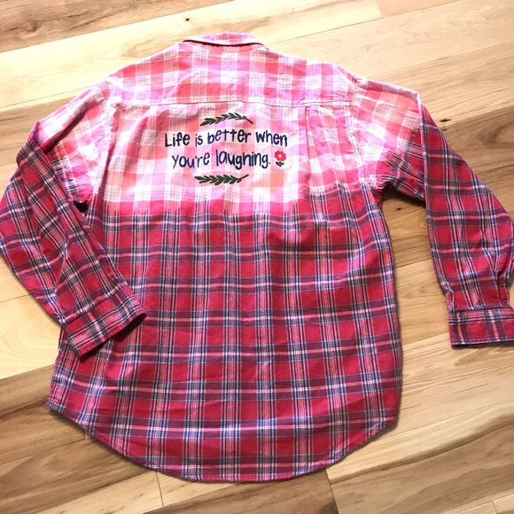 Bleached Plaid Upcycled Shirt: Plus Size Western Top with Inspirational Quote - Picture 4 of 11